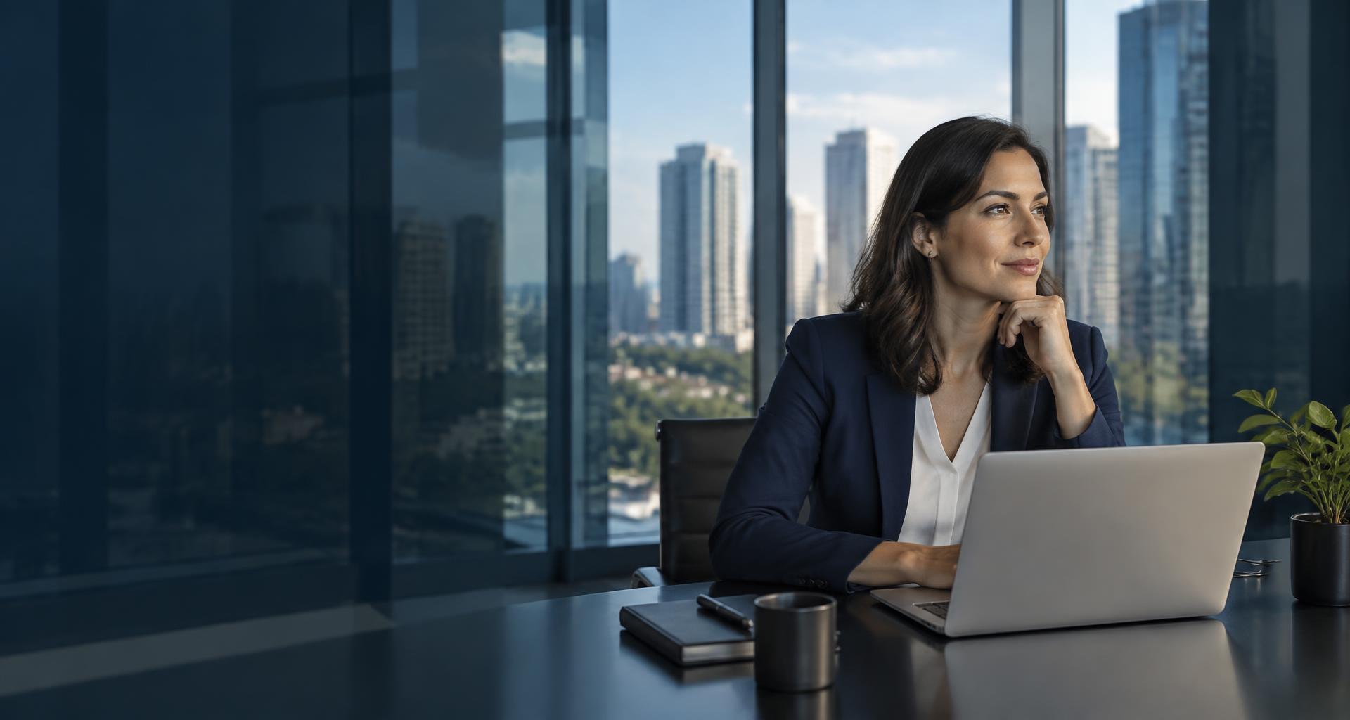 Mulher com notebook em um escritório com vista para a cidade