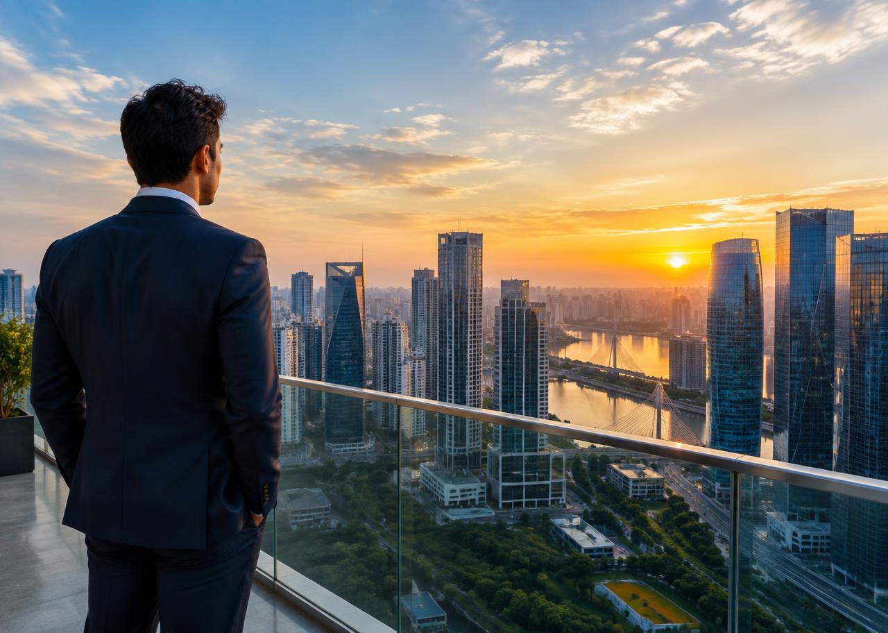 Homem observando o horizonte da cidade